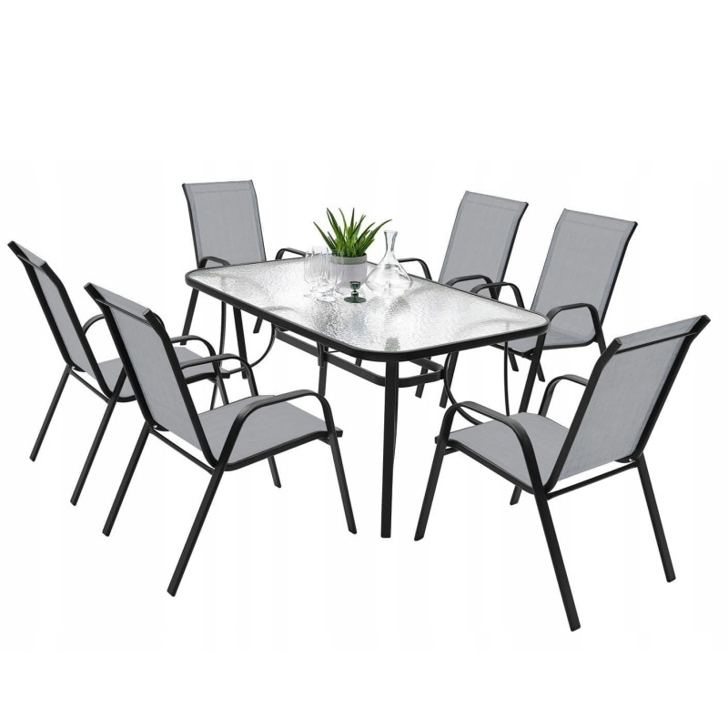 Zestaw Mebli Ogrodowych BERGAMO 6 krzeseł i 1 stół 150 cm  SZKŁO HARTOWANE