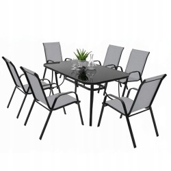Zestaw Mebli Ogrodowych Bergamo Grey 6 krzeseł i 1 stół 150 cm  CZARNE SZKŁO HARTOWANE