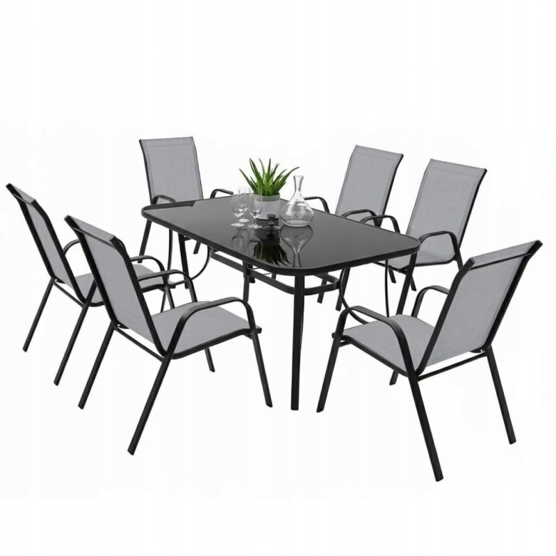 Zestaw Mebli Ogrodowych Bergamo Grey 6 krzeseł i 1 stół 150 cm  CZARNE SZKŁO HARTOWANE