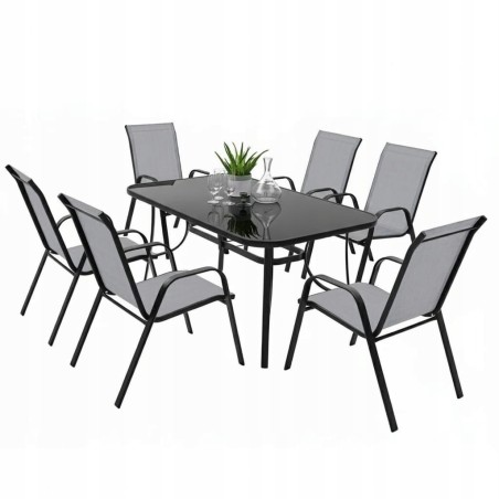 Zestaw Mebli Ogrodowych Bergamo Grey 6 krzeseł i 1 stół 150 cm  CZARNE SZKŁO HARTOWANE