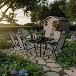 Zestaw Mebli Ogrodowych Bergamo Grey 6 krzeseł i 1 stół 150 cm  CZARNE SZKŁO HARTOWANE