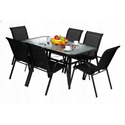 Zestaw Mebli Ogrodowych Bergamo Black 6 krzeseł i 1 stół 150 cm  SZKŁO HARTOWANE
