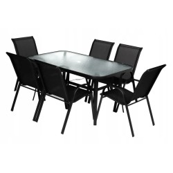 Zestaw Mebli Ogrodowych Bergamo Black 6 krzeseł i 1 stół 150 cm  SZKŁO HARTOWANE
