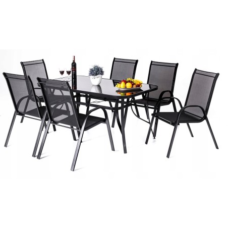 Zestaw Mebli Ogrodowych Bergamo Black 6 krzeseł i 1 stół 150 cm  CZARNE SZKŁO HARTOWANE