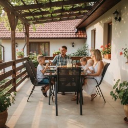 Zestaw Mebli Ogrodowych Bergamo Black 6 krzeseł i 1 stół 150 cm  CZARNE SZKŁO HARTOWANE