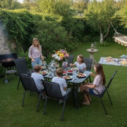 Zestaw Mebli Ogrodowych Bergamo Black 6 krzeseł i 1 stół 150 cm  CZARNE SZKŁO HARTOWANE