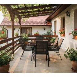 Zestaw Mebli Ogrodowych Bergamo Black 6 krzeseł i 1 stół 150 cm  CZARNE SZKŁO HARTOWANE