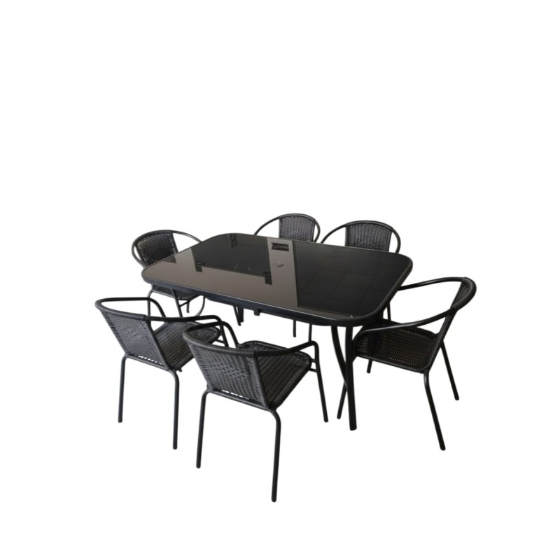 Zestaw Mebli Ogrodowych 6 krzeseł WALENCJA i 1 stół 150 cm BERGAMO CZARNE SZKŁO HARTOWANE