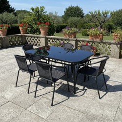 Zestaw Mebli Ogrodowych 6 krzeseł WALENCJA i 1 stół 150 cm BERGAMO CZARNE SZKŁO HARTOWANE