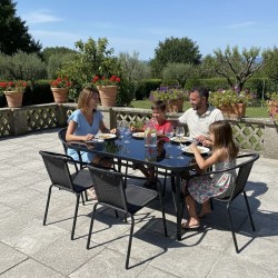 Zestaw Mebli Ogrodowych 6 krzeseł WALENCJA i 1 stół 150 cm BERGAMO CZARNE SZKŁO HARTOWANE