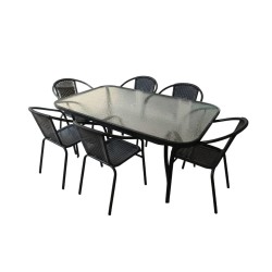 Zestaw Mebli Ogrodowych 6 krzeseł WALENCJA i 1 stół 150 cm BERGAMO SZKŁO HARTOWANE