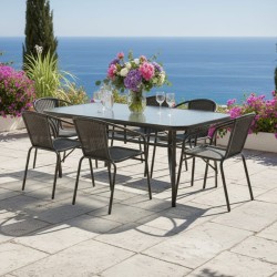 Zestaw Mebli Ogrodowych 6 krzeseł WALENCJA i 1 stół 150 cm BERGAMO SZKŁO HARTOWANE