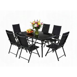 Zestaw Mebli Ogrodowych NAPOLI Glass Black Aluminiowych 6 krzeseł i 1 stół 150 cm CZARNE SZKŁO