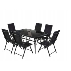 Zestaw Mebli Ogrodowych NAPOLI Glass Black Aluminiowych 6 krzeseł i 1 stół 150 cm CZARNE SZKŁO