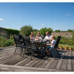Zestaw Mebli Ogrodowych NAPOLI Glass Black Aluminiowych 6 krzeseł i 1 stół 150 cm CZARNE SZKŁO