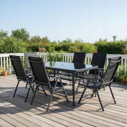 Zestaw Mebli Ogrodowych NAPOLI Glass Black Aluminiowych 6 krzeseł i 1 stół 150 cm CZARNE SZKŁO