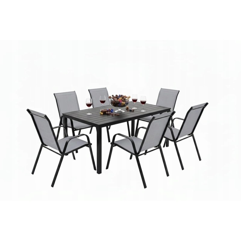 Zestaw Mebli Ogrodowych BERGAMO 6 krzeseł w kolorze szarym i 1 stół NAPOLI 150 cm ALUMINIUM z polywood