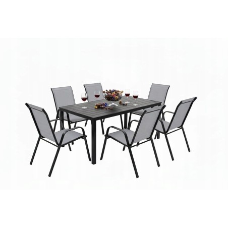 Zestaw Mebli Ogrodowych BERGAMO 6 krzeseł w kolorze szarym i 1 stół NAPOLI 150 cm ALUMINIUM z polywood