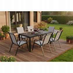 Zestaw Mebli Ogrodowych BERGAMO 6 krzeseł w kolorze szarym i 1 stół NAPOLI 150 cm ALUMINIUM z polywood