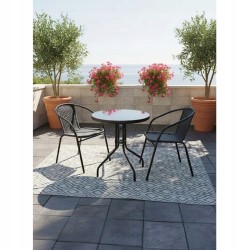 Zestaw mebli ogrodowych WALENCJA  STOLIK KAWOWY, balokonowy czarne szkło +2 KRZESŁA czarny 3 el.