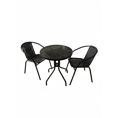 Zestaw mebli ogrodowych WALENCJA  STOLIK KAWOWY, balokonowy czarne szkło +2 KRZESŁA czarny 3 el.