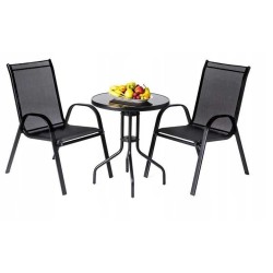 Zestaw mebli ogrodowych BERGAMO STOLIK KAWOWY BALKONOWY czarne szkło +2 KRZESŁA czarny 3 el.