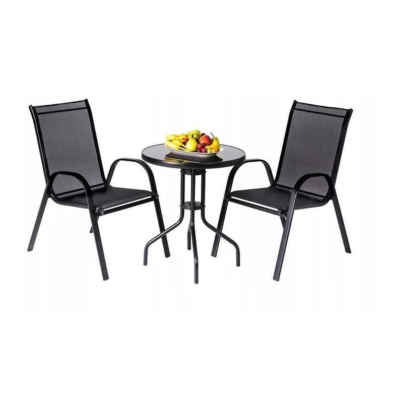 Zestaw mebli ogrodowych BERGAMO STOLIK KAWOWY BALKONOWY czarne szkło +2 KRZESŁA czarny 3 el.