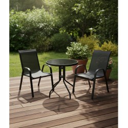 Zestaw mebli ogrodowych BERGAMO STOLIK KAWOWY BALKONOWY czarne szkło +2 KRZESŁA czarny 3 el.