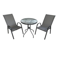 Zestaw mebli ogrodowych STOLIK KAWOWY BALKONOWY czarne szkło +2 KRZESŁA szare 3 el.