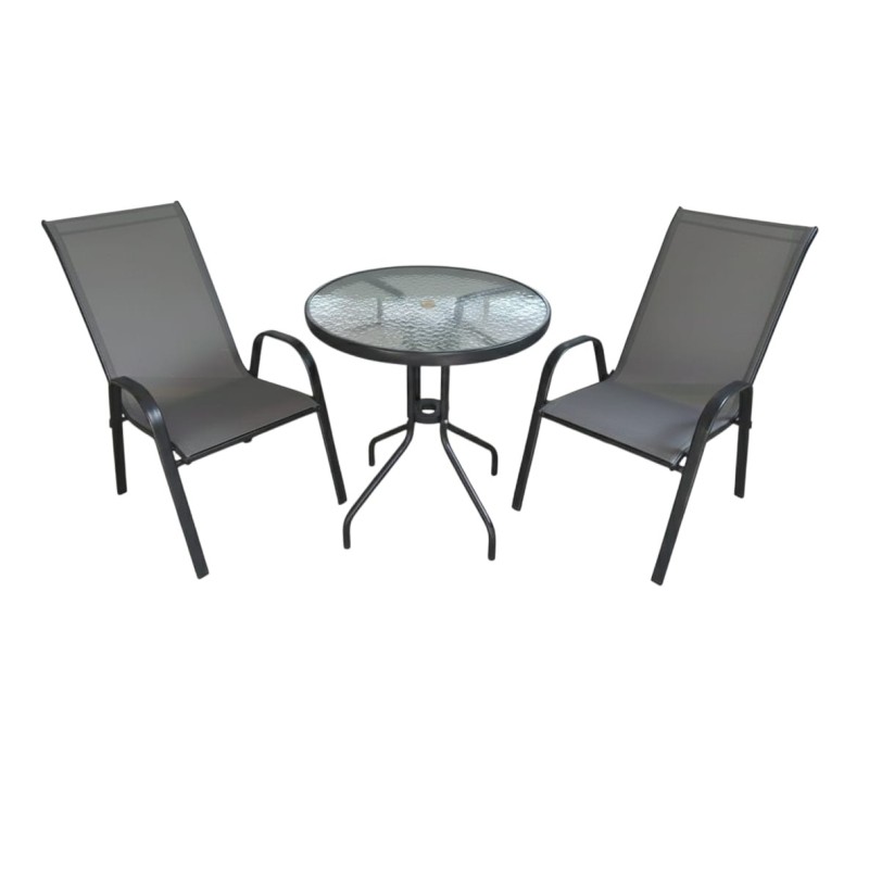 Zestaw mebli ogrodowych STOLIK KAWOWY BALKONOWY czarne szkło +2 KRZESŁA szare 3 el.