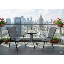 Zestaw mebli ogrodowych STOLIK KAWOWY BALKONOWY czarne szkło +2 KRZESŁA szare 3 el.