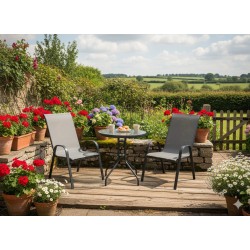 Zestaw mebli ogrodowych STOLIK KAWOWY BALKONOWY czarne szkło +2 KRZESŁA szare 3 el.