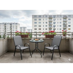 Zestaw mebli ogrodowych STOLIK KAWOWY BALKONOWY czarne szkło +2 KRZESŁA szare 3 el.