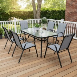Meble Ogrodowe BERGAMO szare 4+1+ stolik czarne szkło