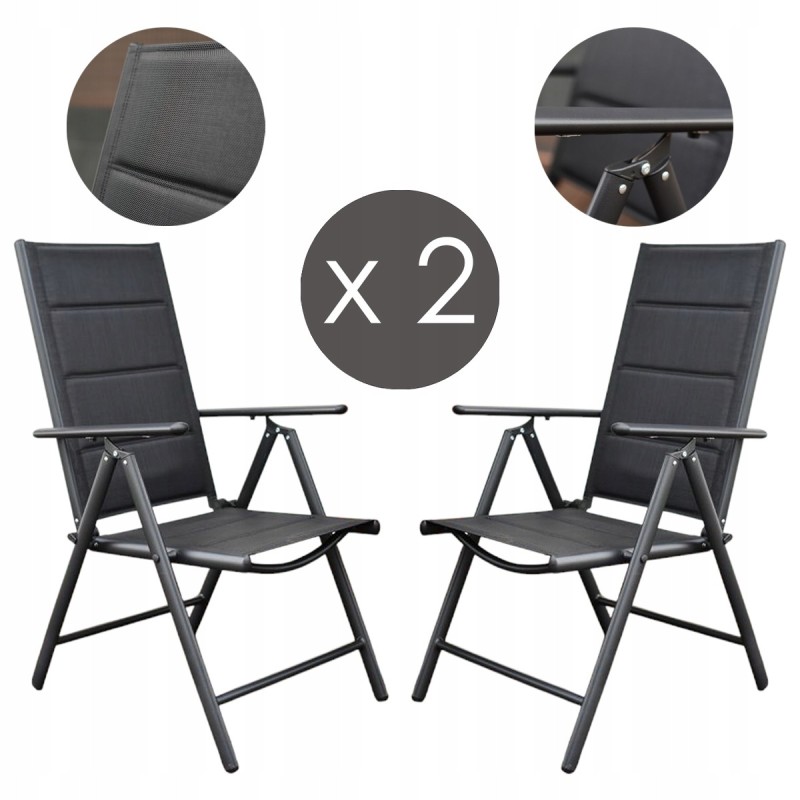 2x Krzesło ogrodowe tarasowe Napoli czarne rozkładane Meble Ogrodowe Balkon