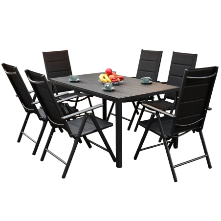 Meble Ogrodowe Aluminiowe  Napoli Zestaw 6 osobowy 7 elementów Czarny Jadalniany
